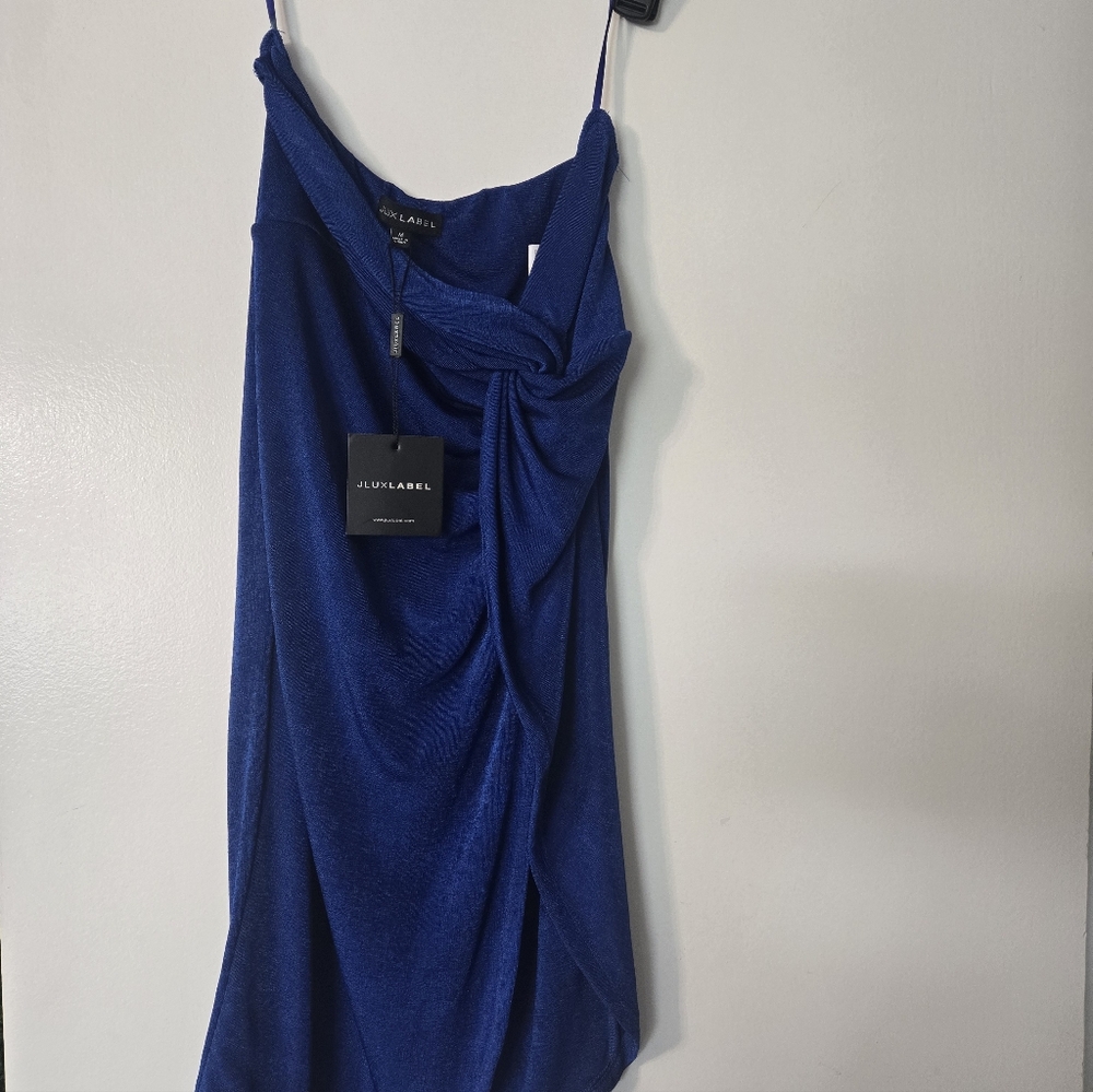 Blue High Slit Women's Skirt Set Bodysuit Top With Gold Chain